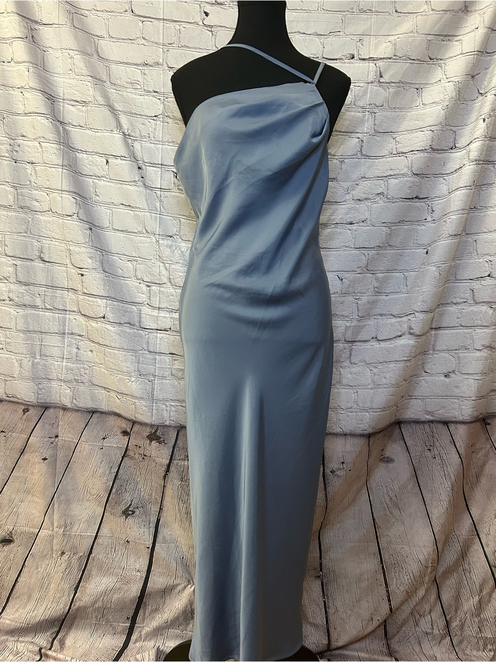 One-Shoulder Satin Finish Slip Dress in Steel Blue